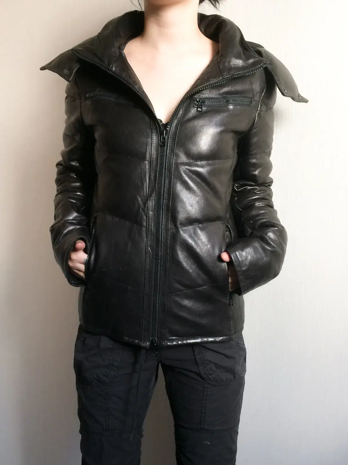 Leather high neck hood jumper